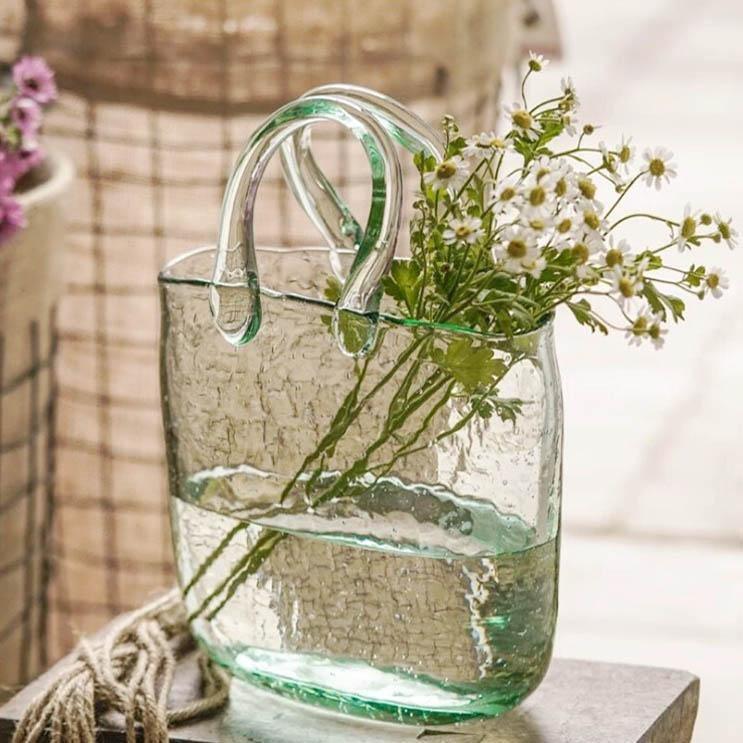 GlassBag Design-Glasvase | Modernes Korb- und Taschen-Design | Dekorative Vase | Handgefertigtes Wohnaccessoire