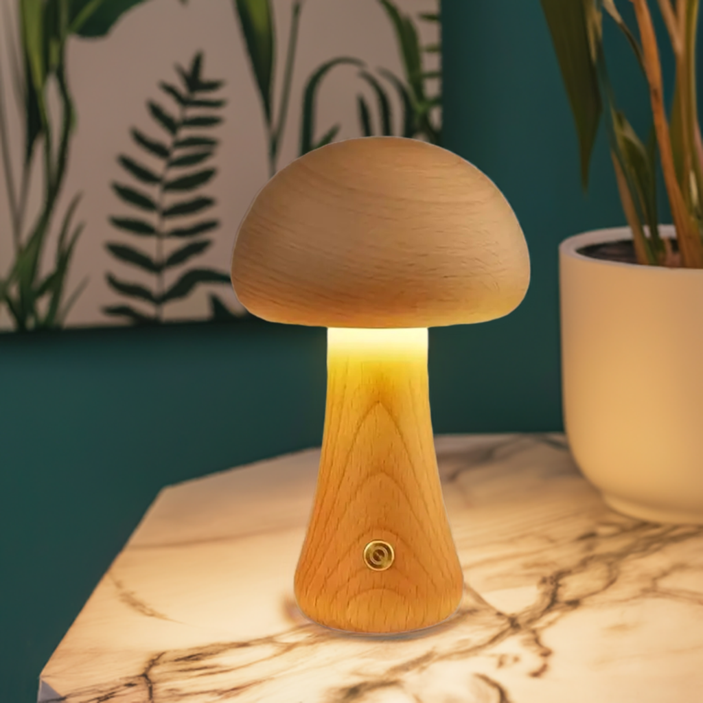 MushroomGlow™ Holzpilz LED Tischlampe | Natürliche Deko Beleuchtung | Stimmungslicht für Zuhause