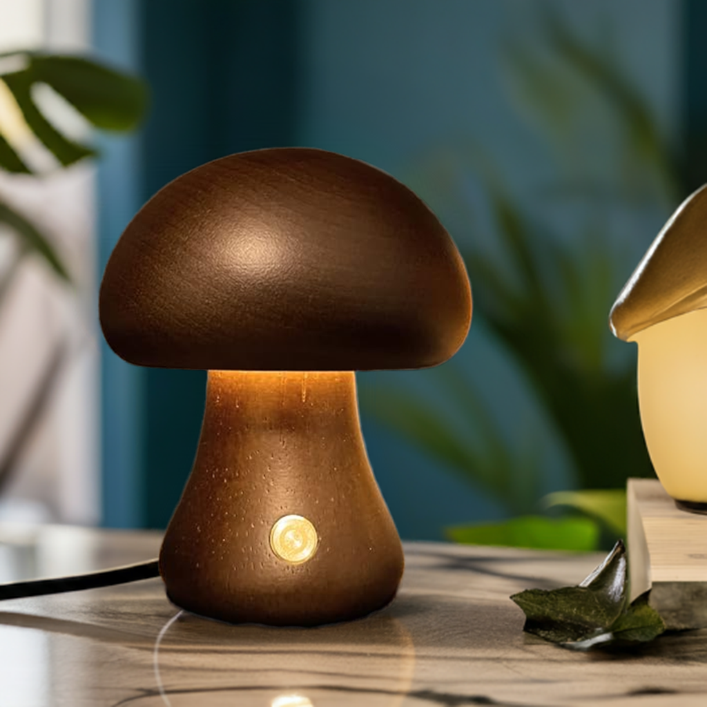 MushroomGlow™ Holzpilz LED Tischlampe | Natürliche Deko Beleuchtung | Stimmungslicht für Zuhause