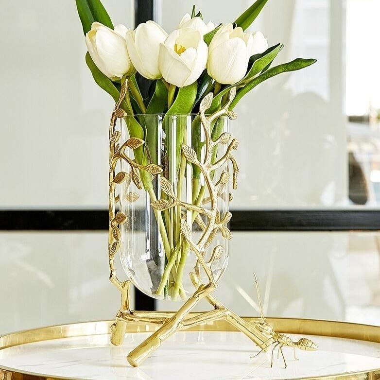 GoldenAura Blättervase | Goldene Deko-Vase | Handgefertigte Keramikvase | Elegantes Wohnaccessoire