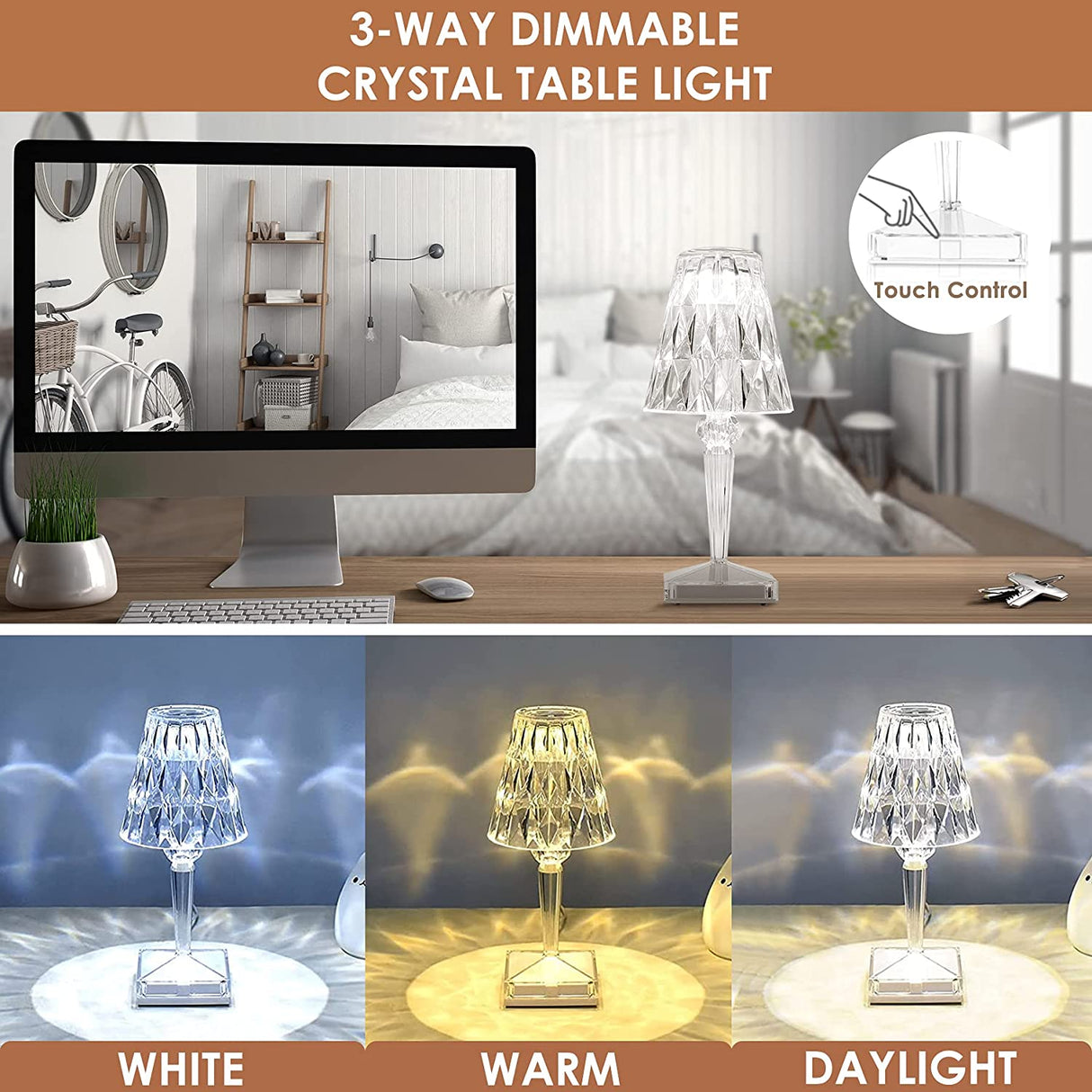 GlowCrystal LED-Diamant Tischlampe | Stimmungslicht | Kristall-Look | Kabellose Eleganz für Zuhause