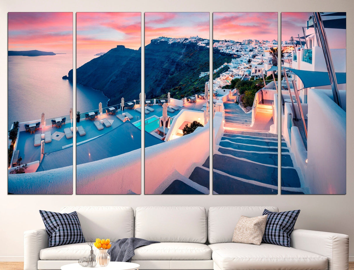 AegeanVista Griechische Wandkunst Leinwand | Santorini Kunstdruck | Große Wanddekoration | Mediterranes Design