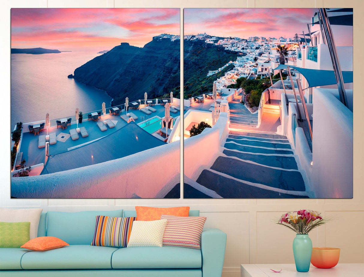 AegeanVista Griechische Wandkunst Leinwand | Santorini Kunstdruck | Große Wanddekoration | Mediterranes Design