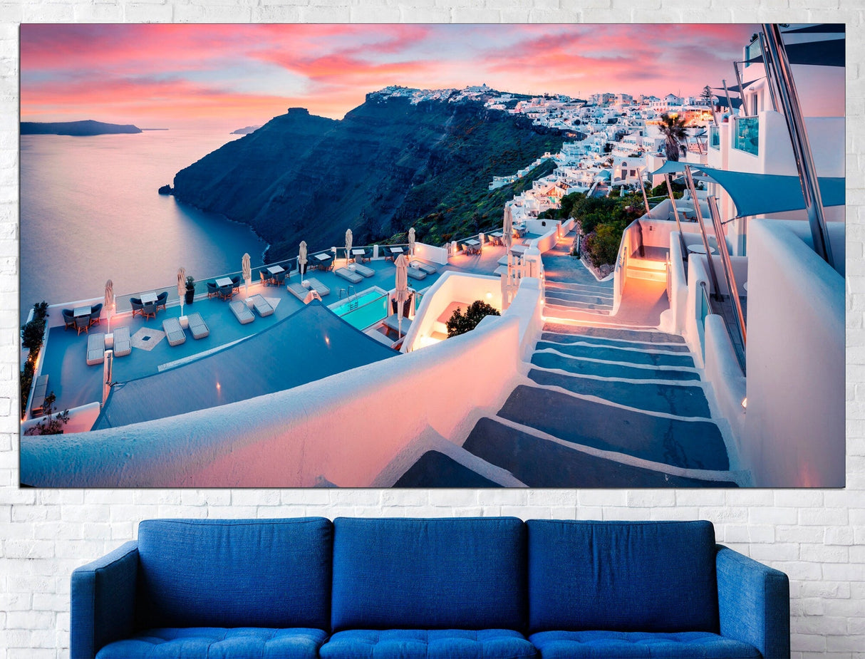 AegeanVista Griechische Wandkunst Leinwand | Santorini Kunstdruck | Große Wanddekoration | Mediterranes Design