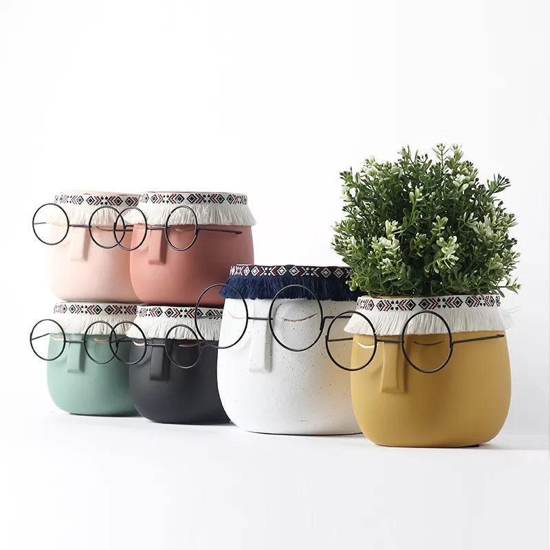 FaceArt Keramik Blumentopf mit Brille & Stirnband | Modernes Design | Dekorative Pflanzenvase