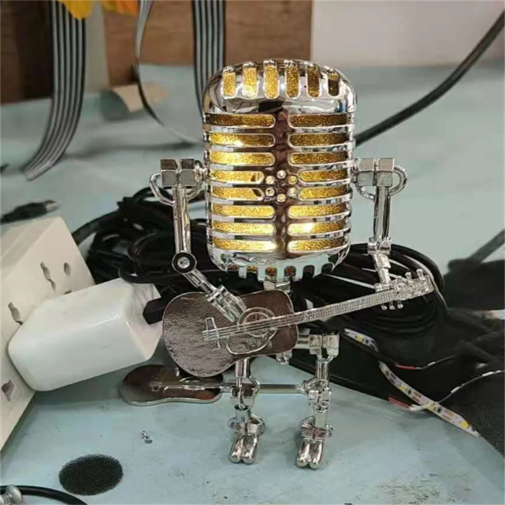 RockBot Roboter Tischlampe mit Gitarre | Vintage Deko-Licht | Stimmungslampe für Musikliebhaber