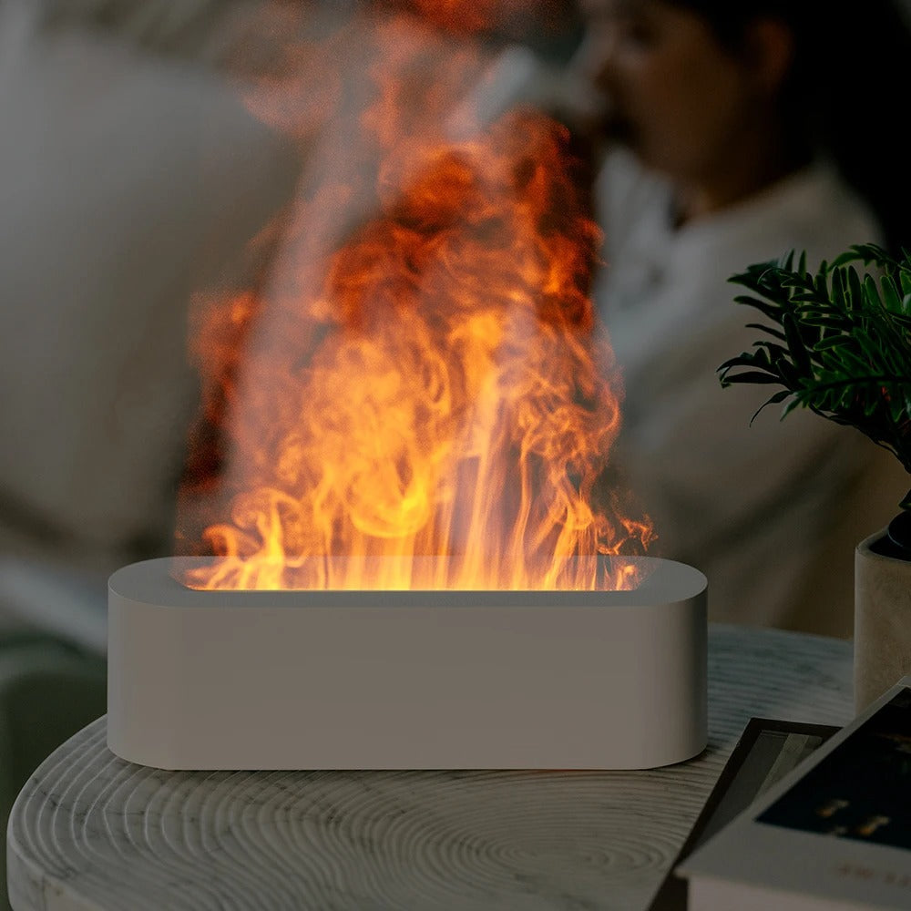 FlameMist Feuer-Luftbefeuchter | Innovativer LED-Humidifier | Aromatherapie | Entspannungslicht für Zuhause und Büro