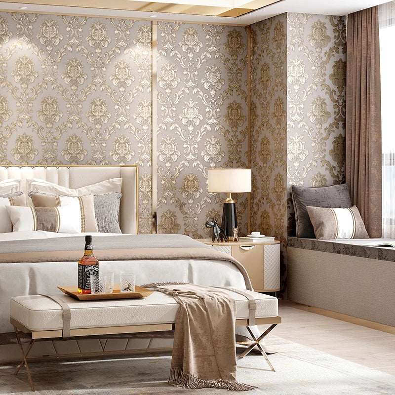 MajestiWall Luxus 3D Damast Tapete | Gold texturiert | Klassisches Design | Elegante Wanddekoration