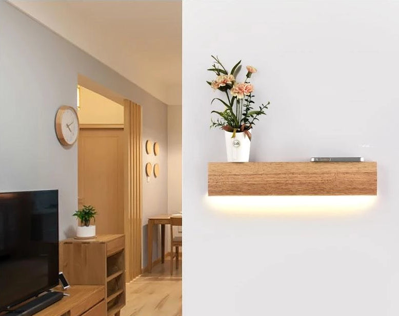 LumaOak Holzregal mit integrierter Lampe | Modernes Design | LED Beleuchtung | Multifunktionale Deko