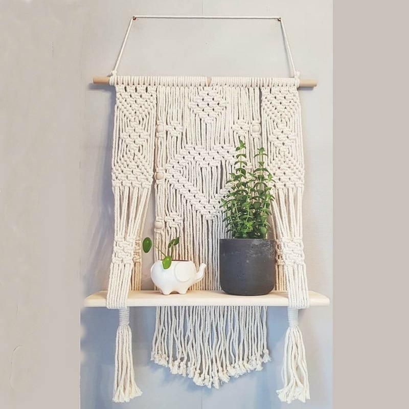 MacraDecor Boho Makramee Hängeregal | Handgewebt | Holz & Baumwolle | Wandregal | Dekoration & Aufbewahrung
