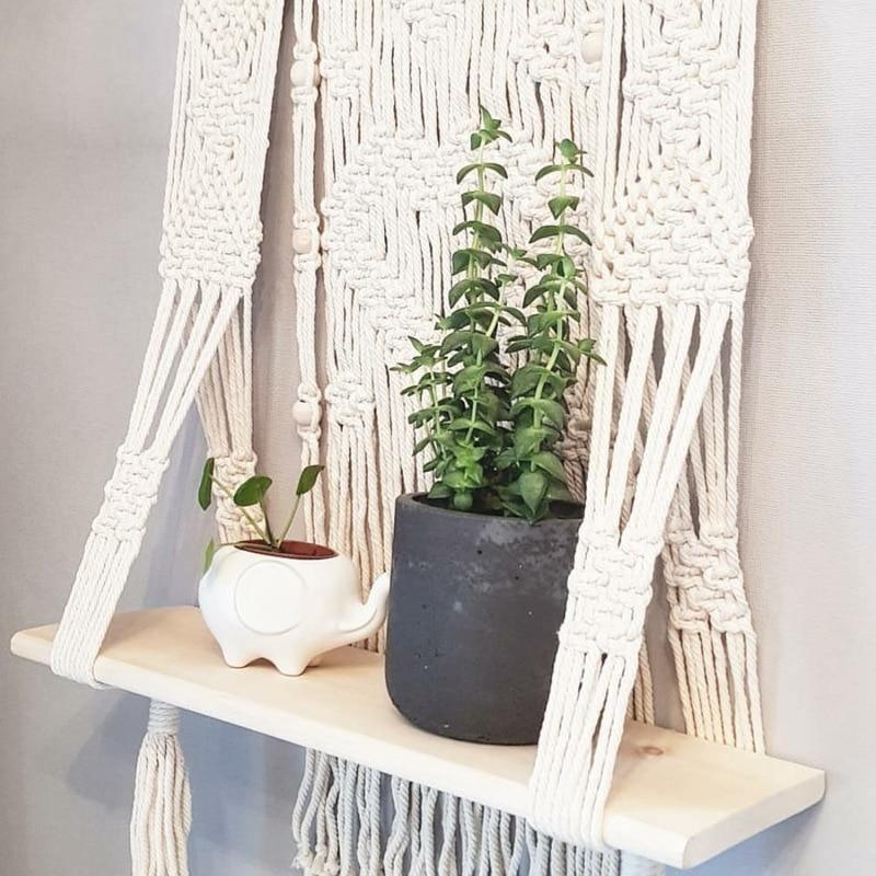 MacraDecor Boho Makramee Hängeregal | Handgewebt | Holz & Baumwolle | Wandregal | Dekoration & Aufbewahrung