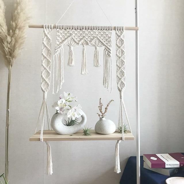 MacraDecor Boho Makramee Hängeregal | Handgewebt | Holz & Baumwolle | Wandregal | Dekoration & Aufbewahrung