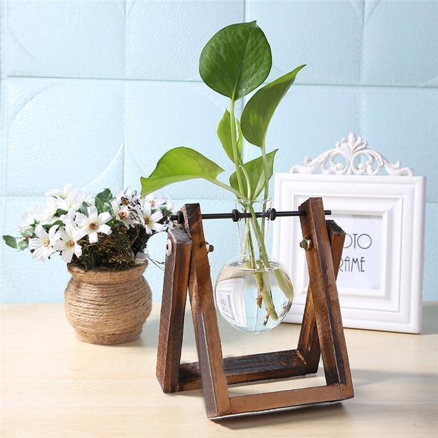 EcoGrow Glas Anzuchtvase mit Holzständer | Minimalistisches Design | Pflanzgefäß für Zuhause | Deko für Pflanzenliebhaber