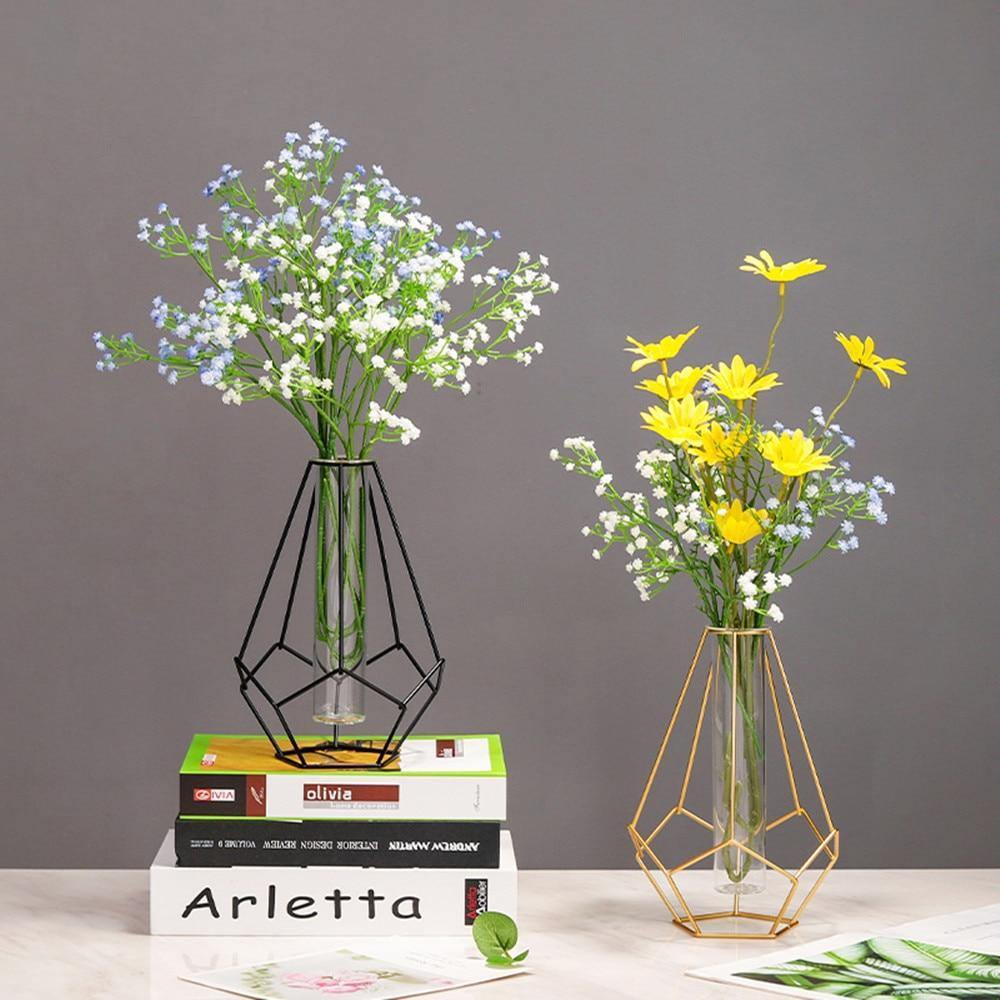 FloraFrame Geometrische Eisen-Vase mit Glasröhre | Minimalistisches Design | Moderne Deko für Zuhause und Büro