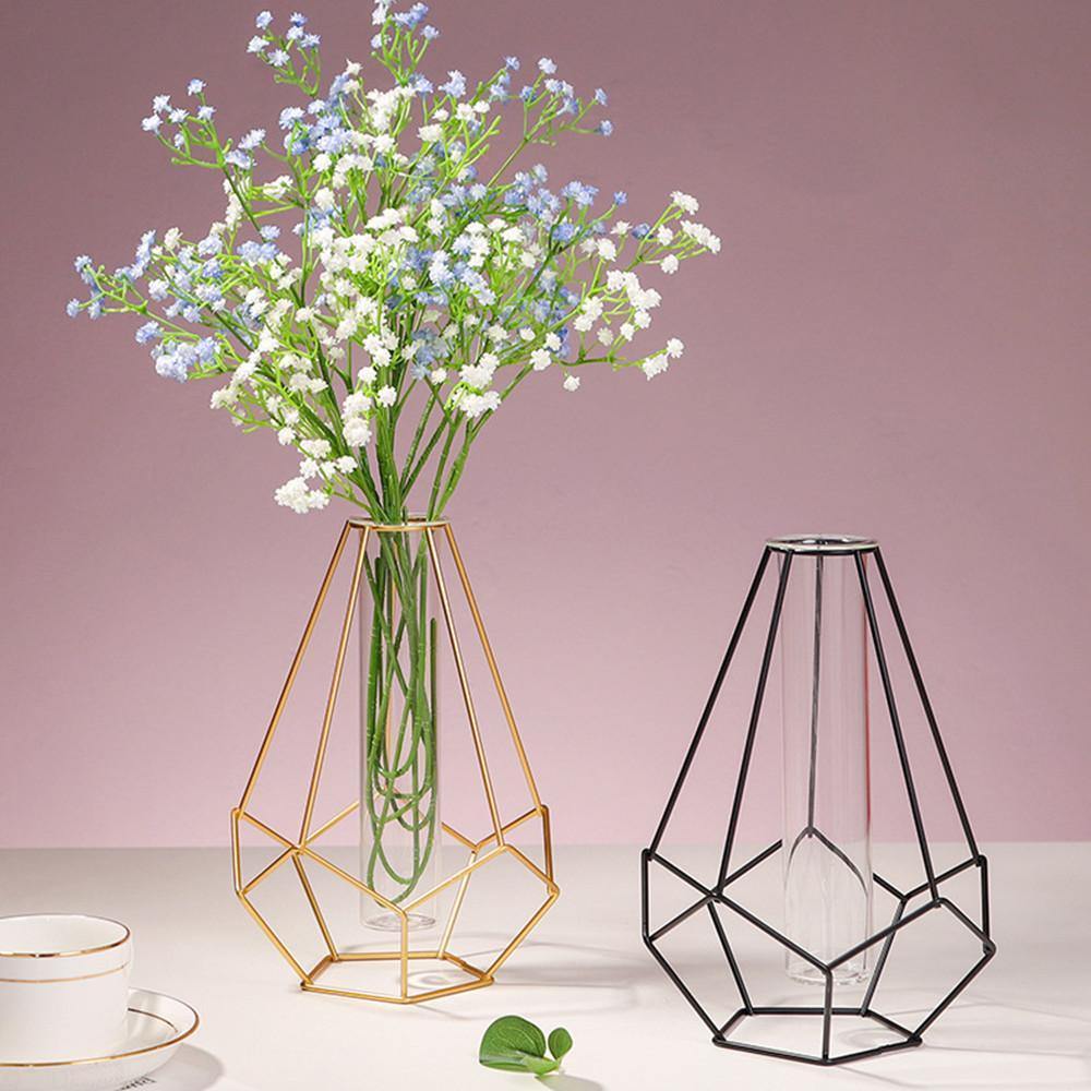 FloraFrame Geometrische Eisen-Vase mit Glasröhre | Minimalistisches Design | Moderne Deko für Zuhause und Büro