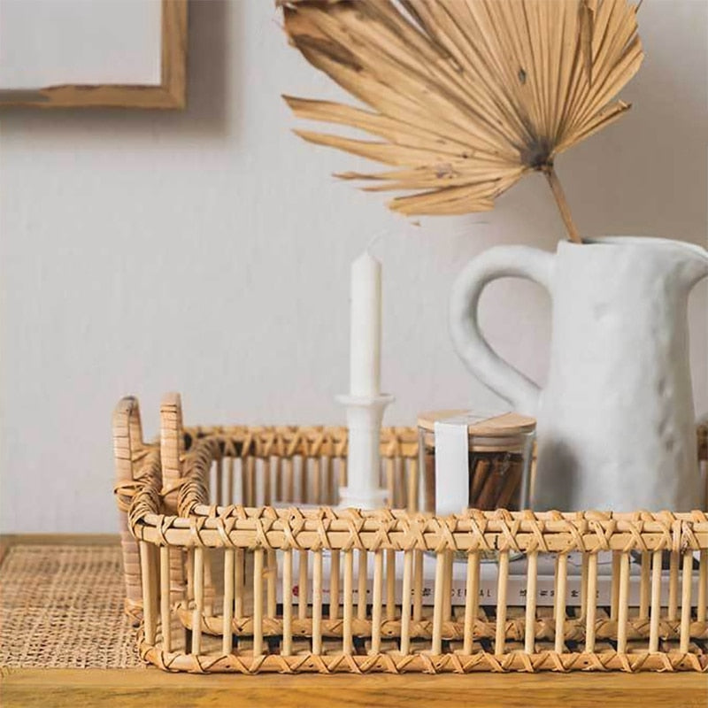 CaneCraft Rechteckiges Handgefertigtes Rattan Tablett | Boho-Design | Vielseitiges Serviertablett | Natürlich & Stilvoll