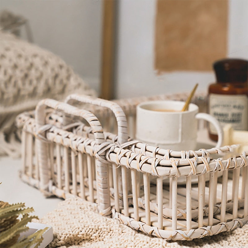 CaneCraft Rechteckiges Handgefertigtes Rattan Tablett | Boho-Design | Vielseitiges Serviertablett | Natürlich & Stilvoll