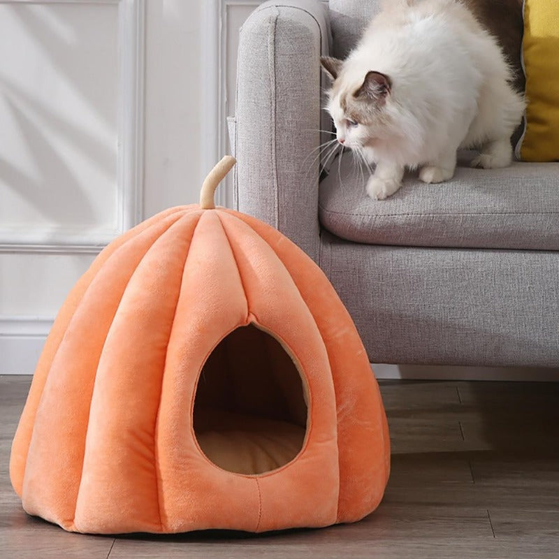 PurrPumpkin Kürbis-Katzenhöhle mit Abnehmbarem Kissen | Gemütliches Versteck | Komfort & Stil für Katzen