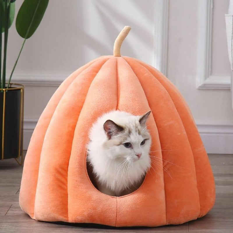 PurrPumpkin Kürbis-Katzenhöhle mit Abnehmbarem Kissen | Gemütliches Versteck | Komfort & Stil für Katzen