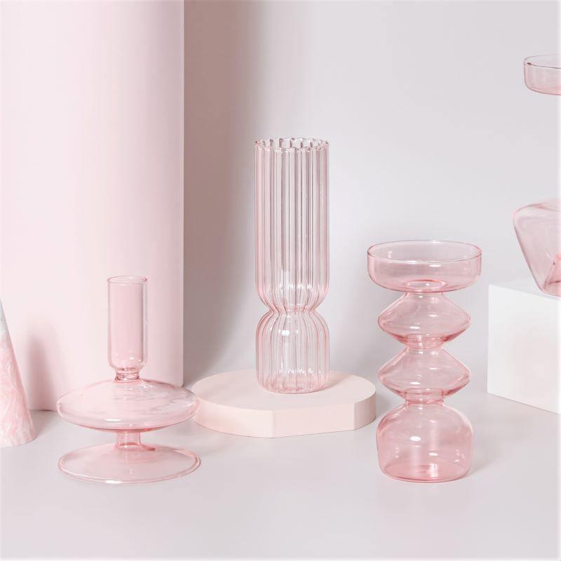 Rosivina Pink Glas Kerzenhalter & Vasen Set | Elegantes Design | Vielseitige Tischdekoration