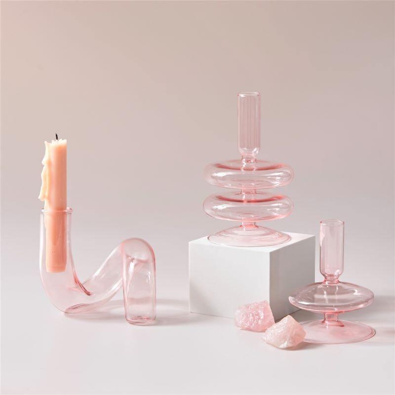 Rosivina Pink Glas Kerzenhalter & Vasen Set | Elegantes Design | Vielseitige Tischdekoration