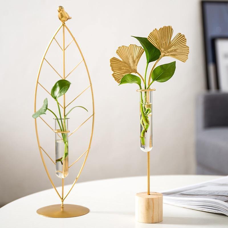 FloraTube Goldene Metall- und Glas-Pflanzenvase | Testrohr-Design | Modernes Deko-Highlight für Zuhause & Büro