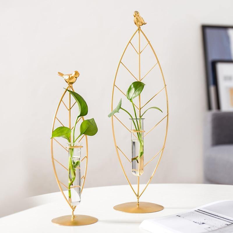 FloraTube Goldene Metall- und Glas-Pflanzenvase | Testrohr-Design | Modernes Deko-Highlight für Zuhause & Büro