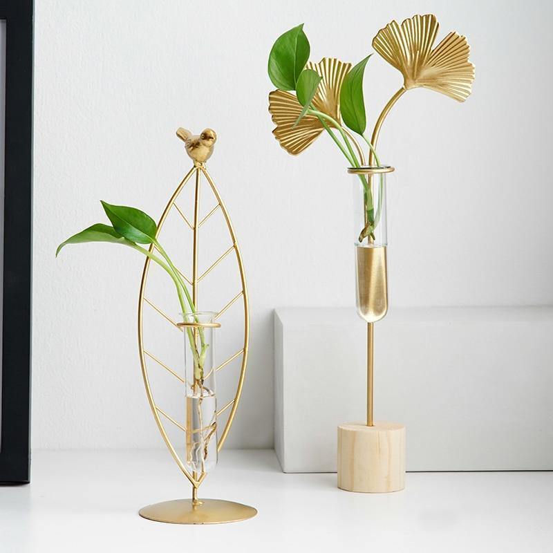 FloraTube Goldene Metall- und Glas-Pflanzenvase | Testrohr-Design | Modernes Deko-Highlight für Zuhause & Büro