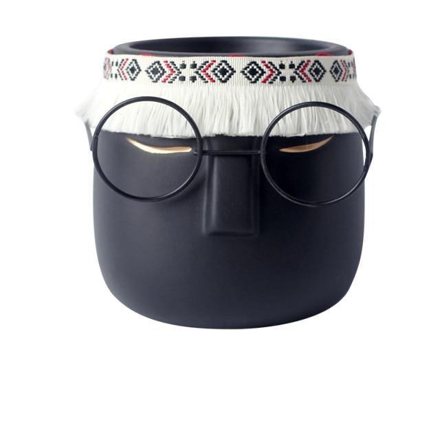 FaceArt Keramik Blumentopf mit Brille & Stirnband | Modernes Design | Dekorative Pflanzenvase