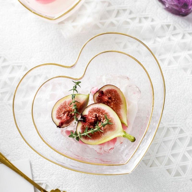 HeartGold Glasgeschirr Set | Herzform Schale & Trinkglas | Goldrand Design | Stilvolle Tischdeko