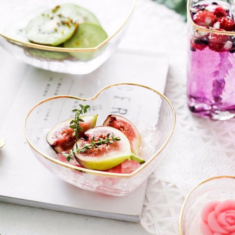 HeartGold Glasgeschirr Set | Herzform Schale & Trinkglas | Goldrand Design | Stilvolle Tischdeko