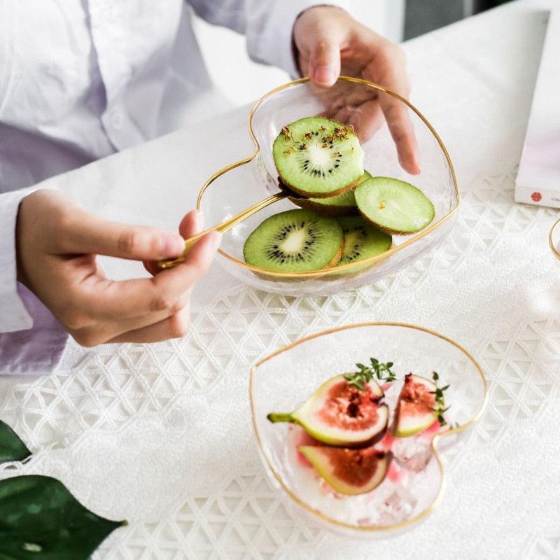 HeartGold Glasgeschirr Set | Herzform Schale & Trinkglas | Goldrand Design | Stilvolle Tischdeko