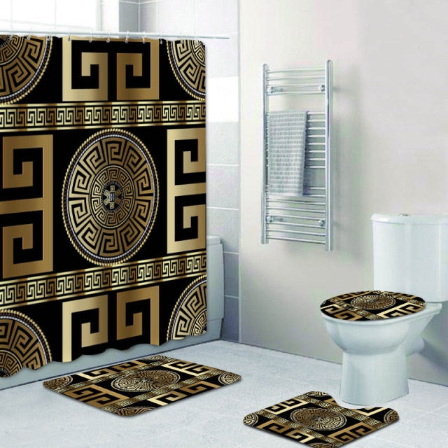 LuxeBain Schwarz-Gold Badezimmer Set | Griechisches Meander-Design | Luxuriöse Badaccessoires