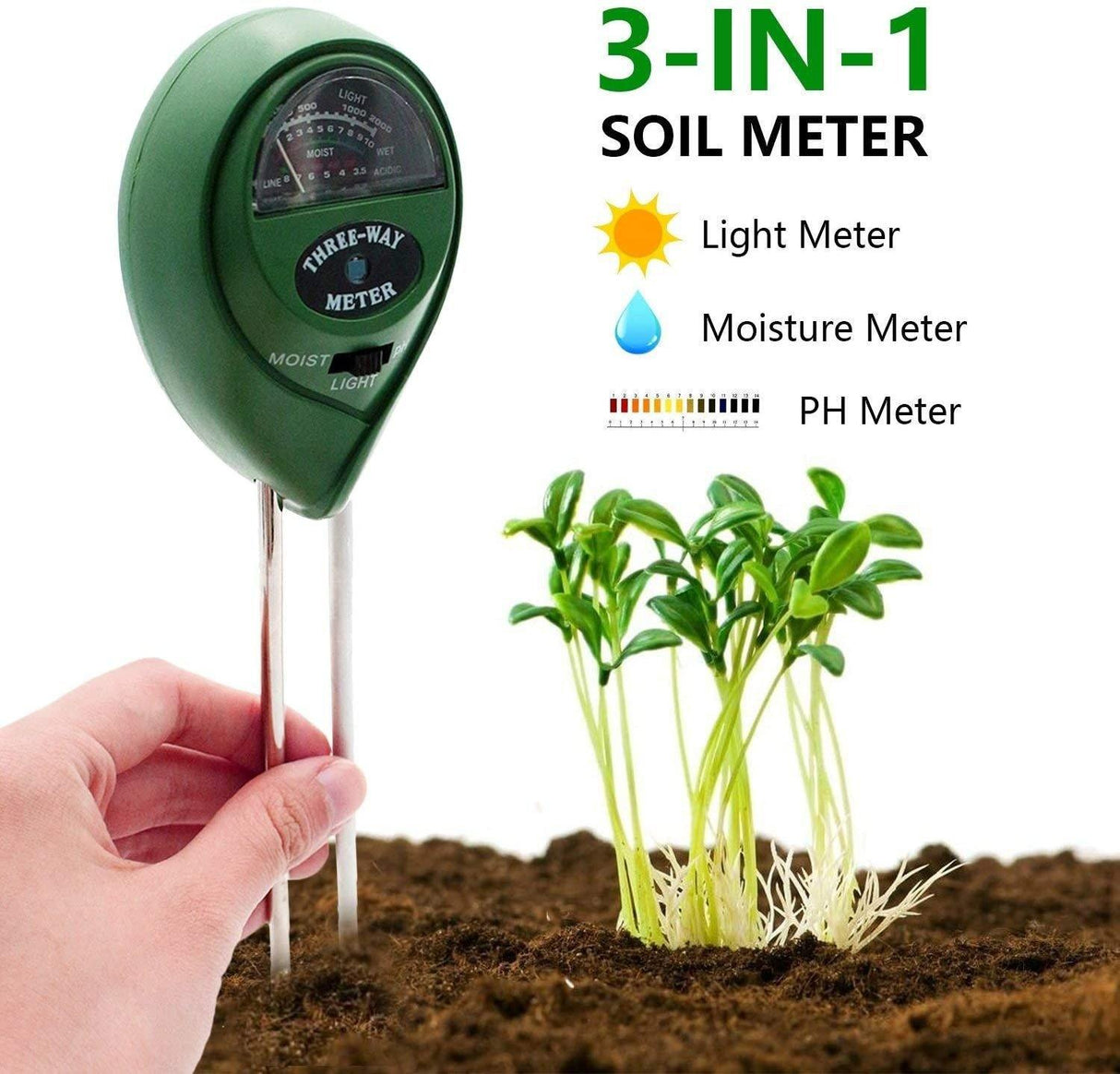 SoilSense 3-in-1 Bodenmessgerät | Feuchtigkeits-, Licht- und pH-Tester | Batterielos für Garten und Pflanzen