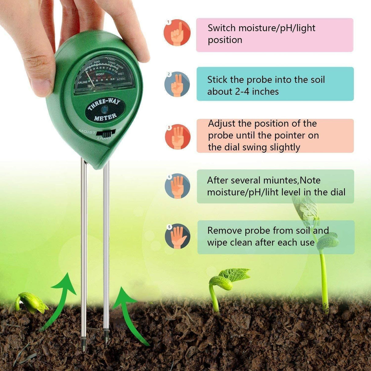SoilSense 3-in-1 Bodenmessgerät | Feuchtigkeits-, Licht- und pH-Tester | Batterielos für Garten und Pflanzen
