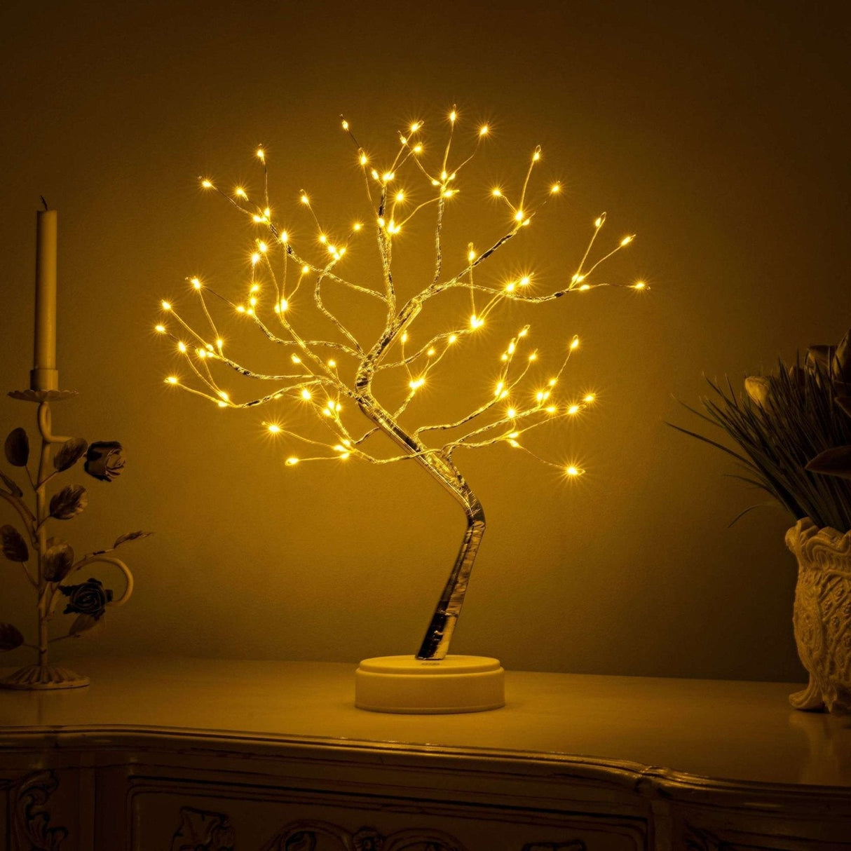 FairyTree LED Baumlichter Lampe | Dekoratives Stimmungslicht | Kupferdraht & Fairy Lights | Kabellose Tischlampe für Zuhause
