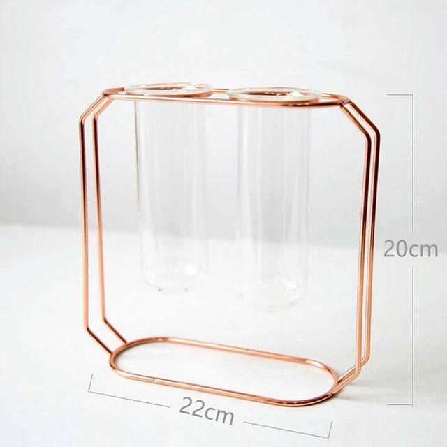 FloraFloat Eisen-Glas-Geometrische Vase | Schwebe-Design für Pflanzenvermehrung & Dekoration | In Gold & Rosébraun | Verschiedene Größen