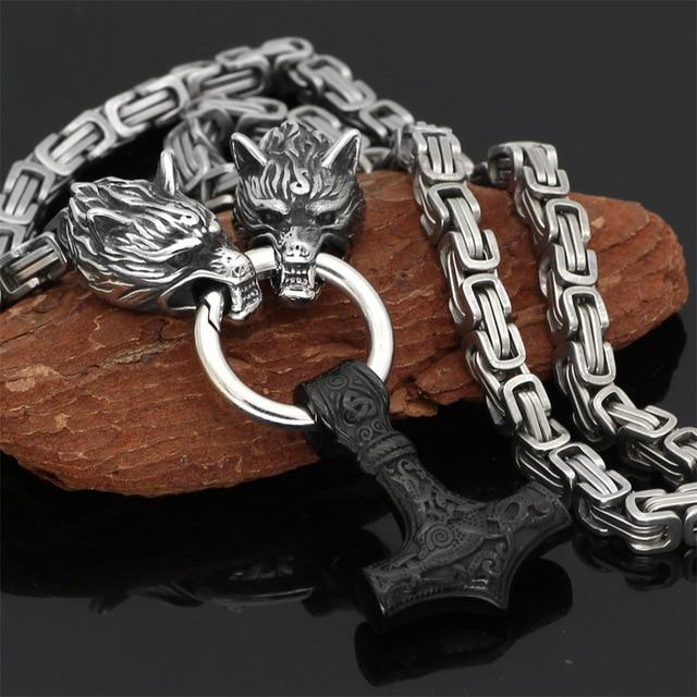 WolfSpirit Edelstahl Halskette & Armband | Doppel-Wolfskopf & Mjolnir Design | Viking Schmuck | 60–90 cm | Robust & Stilvoll