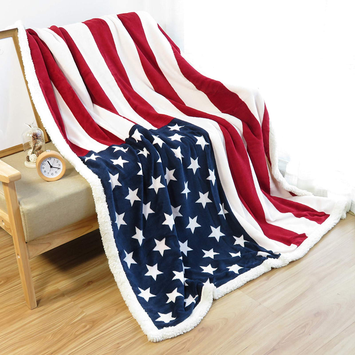PatriotFlair Flanell-Sherpa-Decke | Kuscheldecke mit amerikanischer Flagge | Weich & Warm