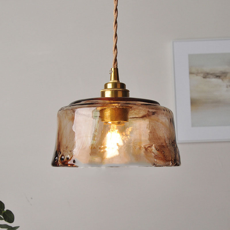 AuroraBrass Drum Pendelleuchte | Vintage-Design | Amberglas & Messing | Hochwertige Innenbeleuchtung