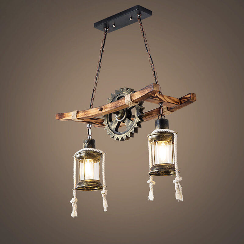 RustiLume Industrial Kronleuchter | Vintage Holz & Metall | 2-Licht Inselleuchte