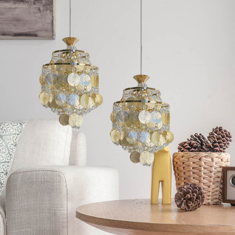 Glorielle Pendelleuchte | Goldenes Muscheldesign | Kristall-Perlen | Runde 1-flammige Beleuchtung für Wohnzimmer