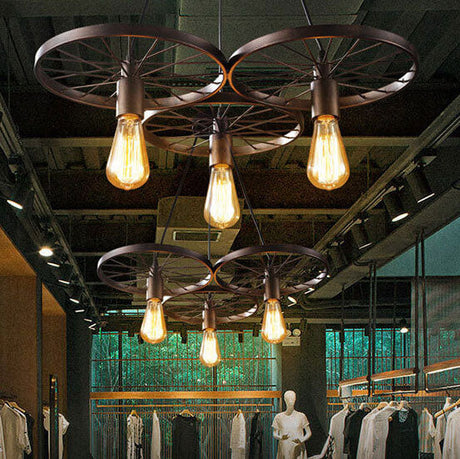 Rustiron Kronleuchter | Industrielles Design mit Eisenrädern | 1/3/6-flammig | Loft- und Wohnraum-Beleuchtung