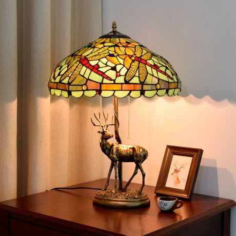 LustraVine Tiffany Tischlampe | Vintage Stil | Buntglas Libelle | 2-Licht Dekoleuchte