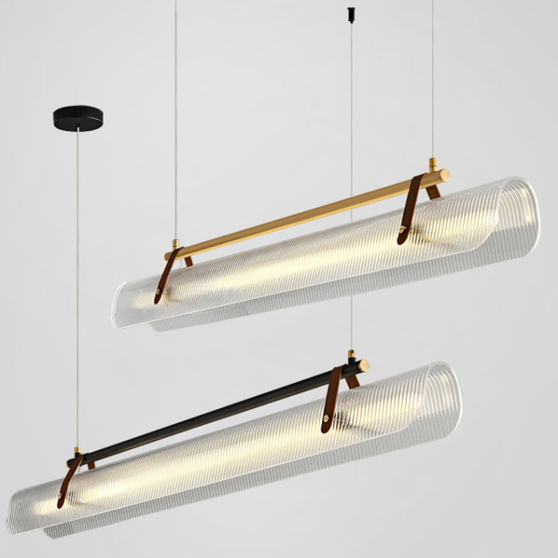BrightAether ArcLED Pendelleuchte | Minimalistisch | Leder & Acryl | Lineares Design | Dimmbar | Stilvolle Beleuchtung für Essbereiche