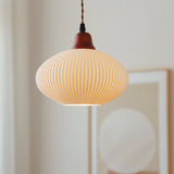 KyotoSphere Japanische Vintage Pendelleuchte | Gefaltete Keramik | Runde Holzkuppel | 1-flammig | Dekoratives Licht