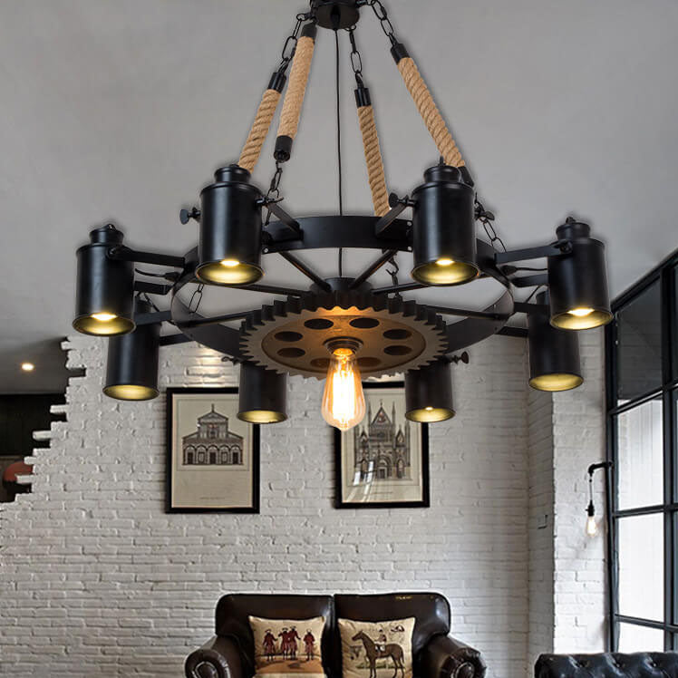 GearLume Retro Industrial Kronleuchter | Eisen-Design | Hanfseil-Lampen | 6/8/10 Leuchten | Vintage Beleuchtung