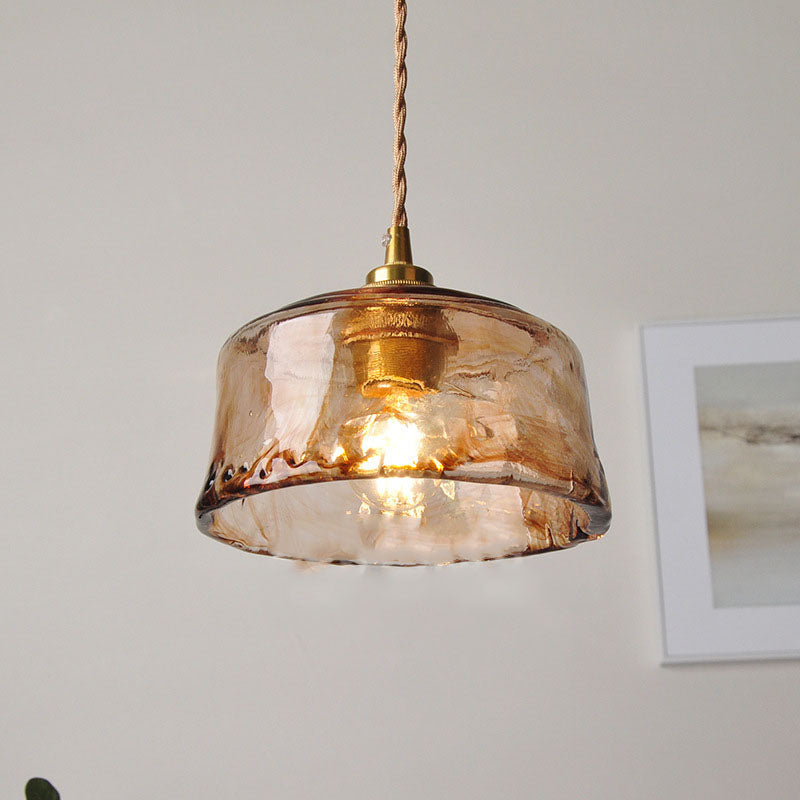 AuroraBrass Drum Pendelleuchte | Vintage-Design | Amberglas & Messing | Hochwertige Innenbeleuchtung