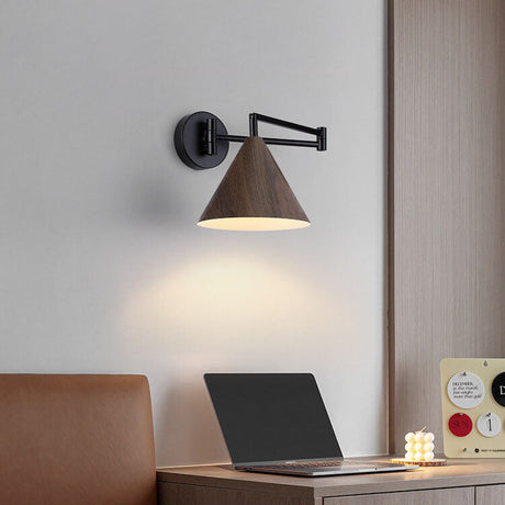 LumoNordic Minimalist Cone Swing Arm LED Wandlampe | Holzmaserung | Flexibler Schwenkarm | Stimmungslicht | Deko für Zuhause