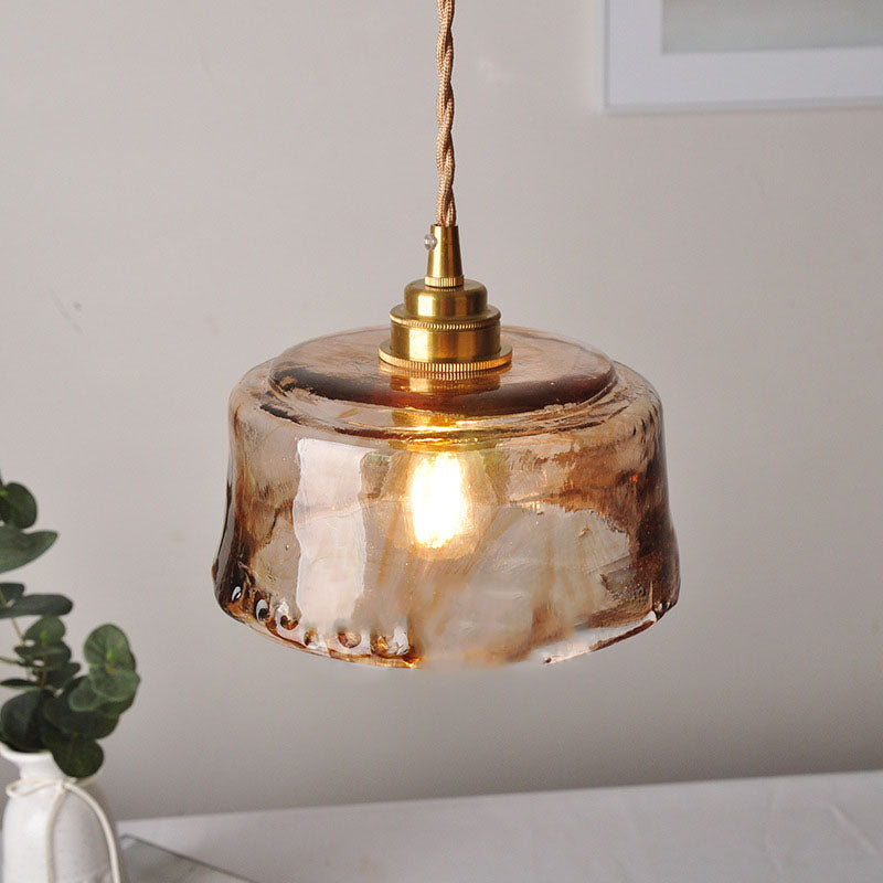 AuroraBrass Drum Pendelleuchte | Vintage-Design | Amberglas & Messing | Hochwertige Innenbeleuchtung